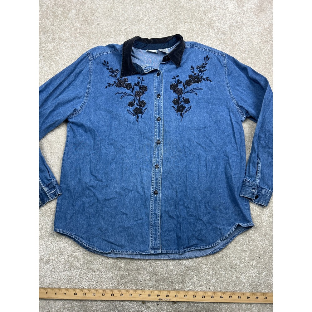 Vintage 90s Cabin Creek XL Embroidered Denim Shirt Floral Beaded Corduroy Collar